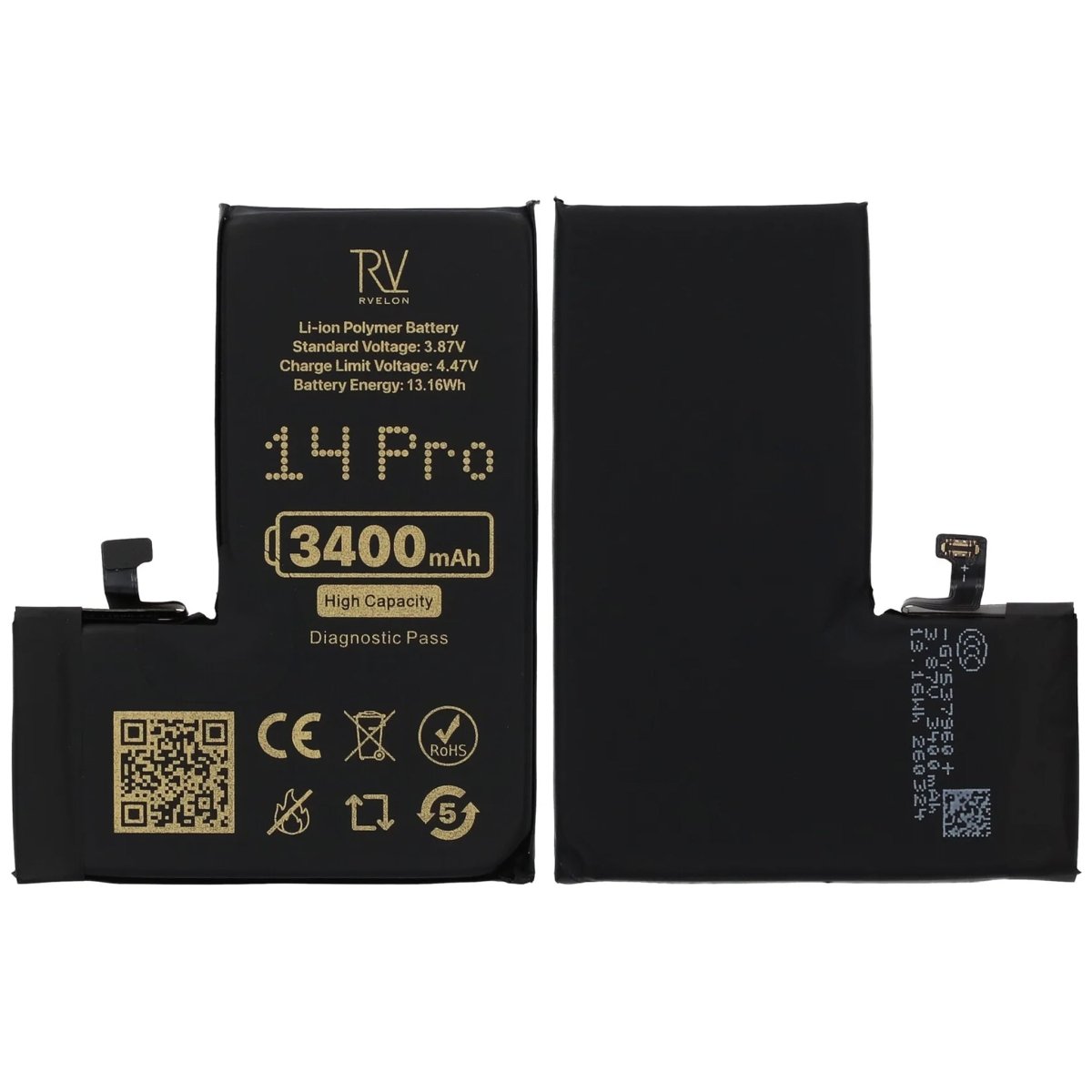 Rvelon Batteri för iPhone 14 Pro - 3400 mAh Högkapacitet
