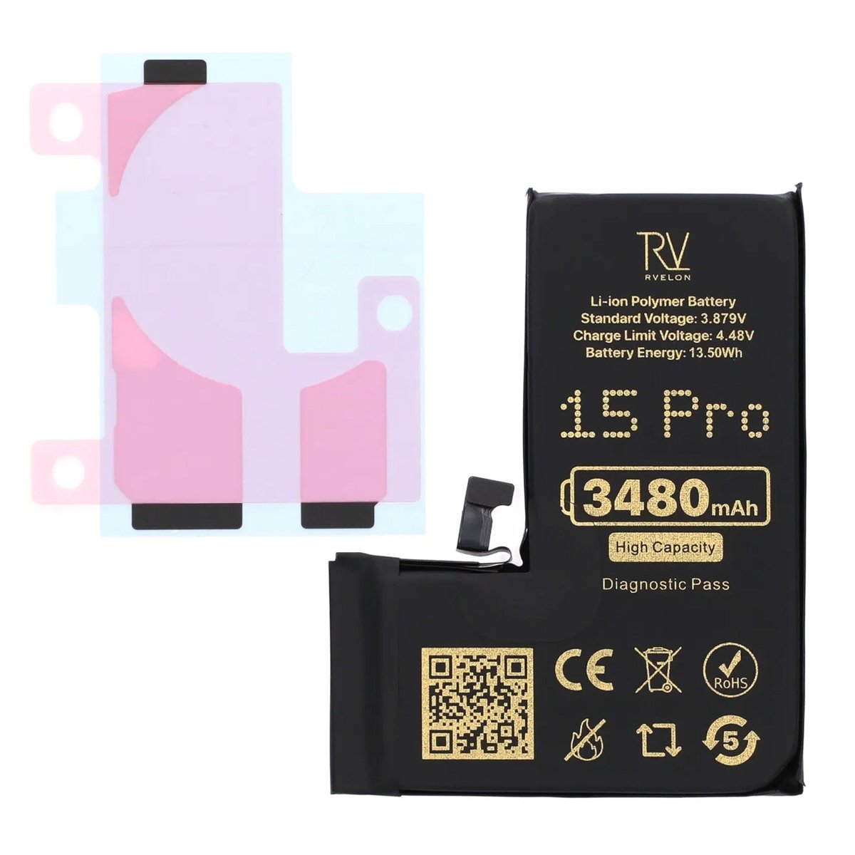 Rvelon Batteri för iPhone 15 Pro - 3480 mAh Högkapacitet
