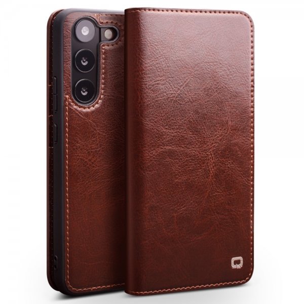 Qialino Samsung Galaxy S23 Fodral Äkta läder Kortfack Brun