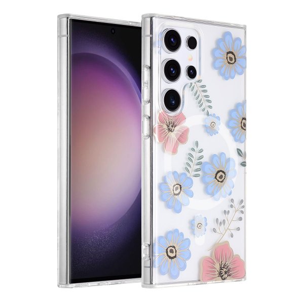 Samsung Galaxy S23 Ultra Skal Blommönster MagSafe Röd Blå