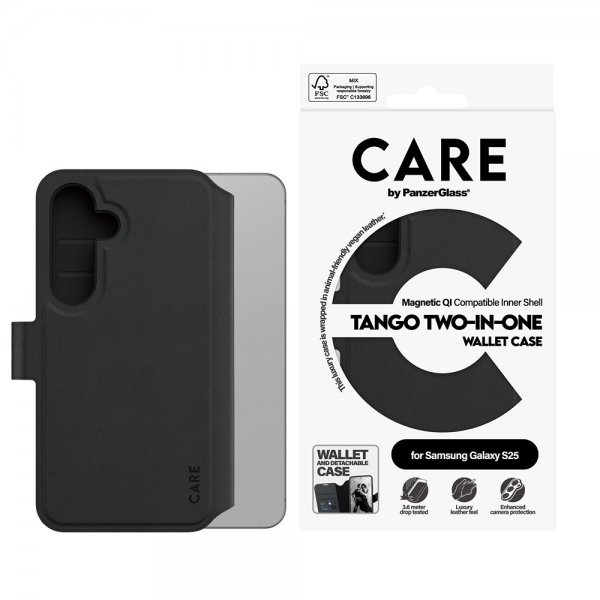 CARE by PanzerGlass Samsung Galaxy S25 Fodral Tango Two-in-One Wallet MagSafe Svart