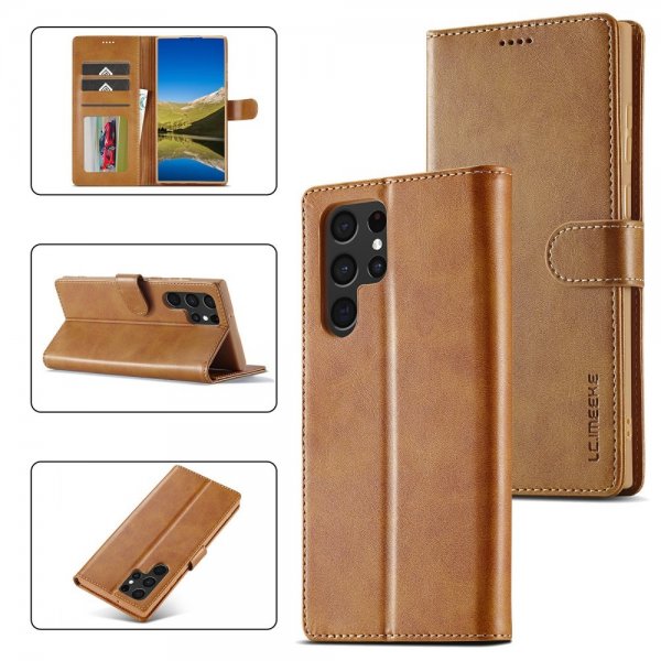 Lc.Imeeke Samsung Galaxy S25 Ultra Fodral med Kortfack Stativfunktion Ljusbrun