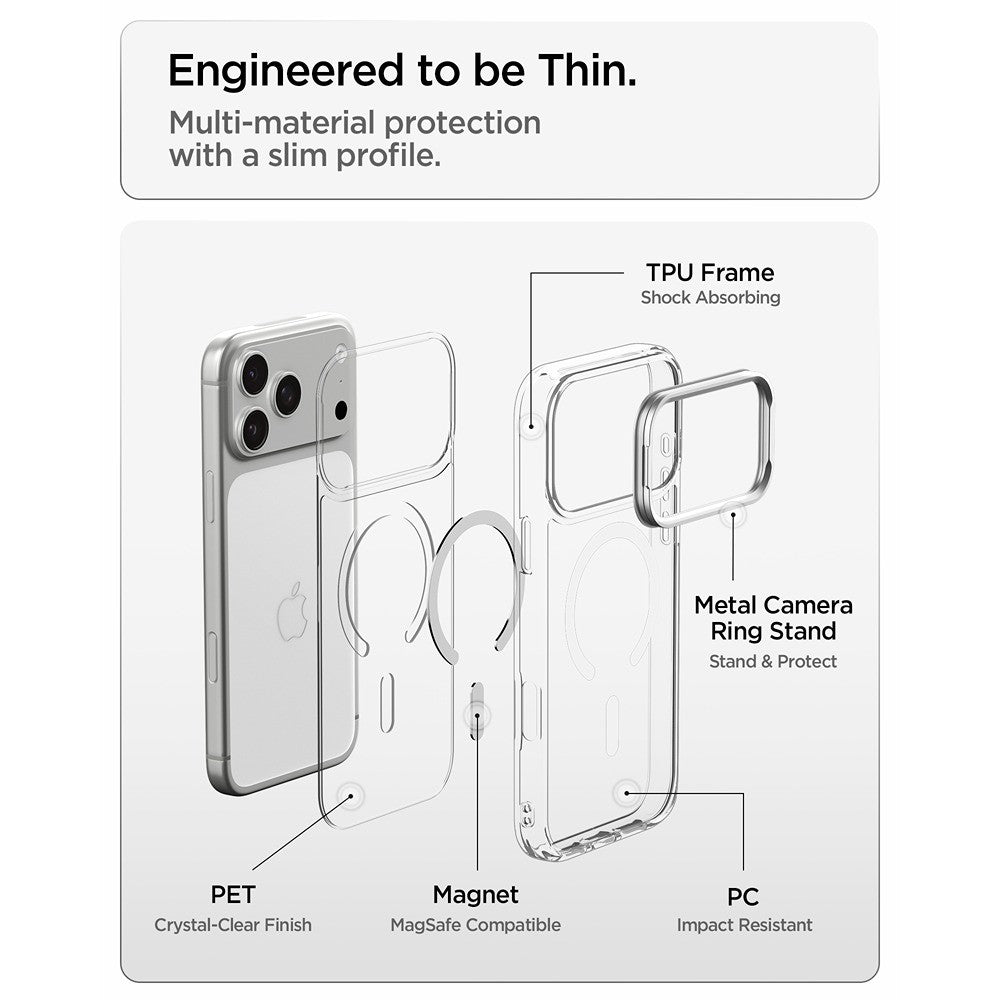 Spigen iPhone 17 Pro Max/iPhone 18 Pro Max Skal Ultra Hybrid Optik S MagFit Clear Silver