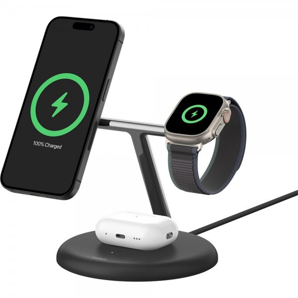 Belkin Trådlös Laddare BoostCharge Pro 3-in-1 MagSafe Qi2 15W Svart