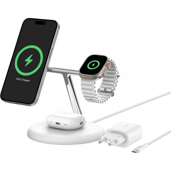 Belkin Trådlös Laddare BoostCharge Pro 3-in-1 MagSafe Qi2 15W Vit