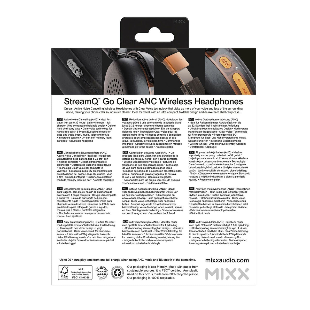 Mixx Trådlösa On-Ear Hörlurar StreamQ Go ANC Clear Svart