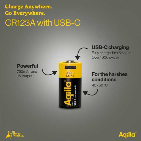 Aqiila Uppladdningsbart CR123A-batteri USB-C 2-pack