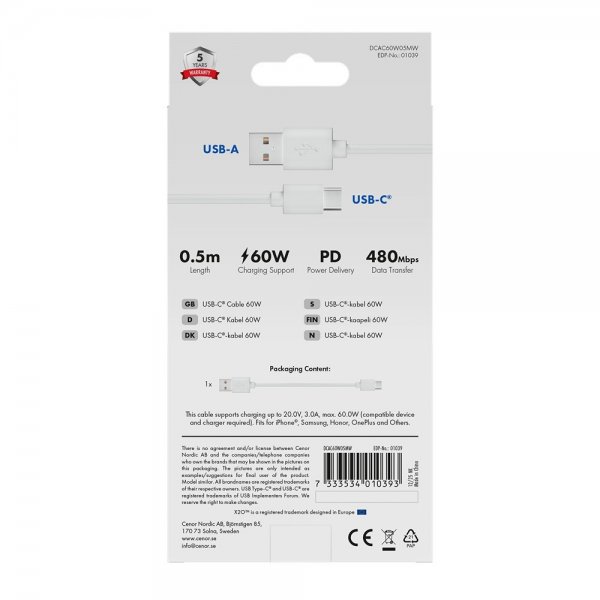 X2O USB-A till USB-C Kabel Basic 60W 0.5m Vit