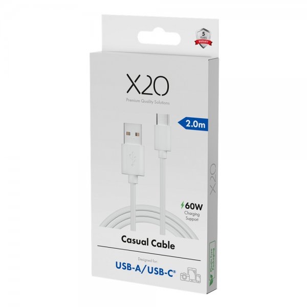 X2O USB-A till USB-C Kabel Basic 60W 2m Vit