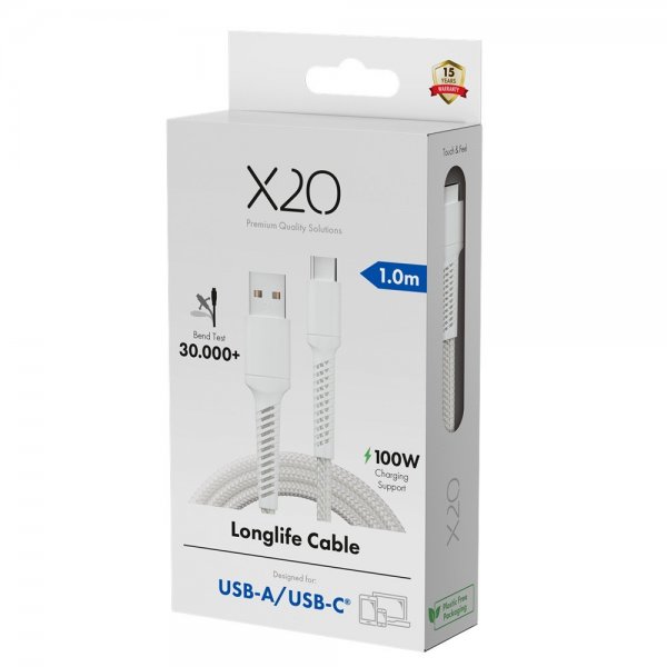 X2O USB-A till USB-C Kabel Longlife 60W 1m Vit