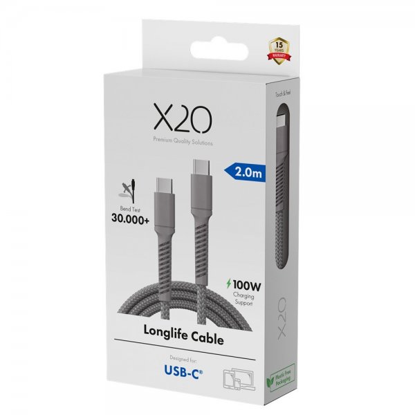 X2O USB-C till USB-C Kabel Longlife 100W 2m Grå