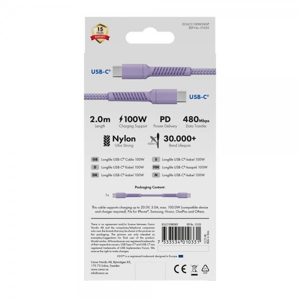 X2O USB-C till USB-C Kabel Longlife 100W 2m Lila
