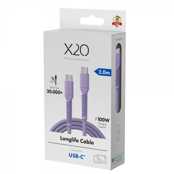 X2O USB-C till USB-C Kabel Longlife 100W 2m Lila