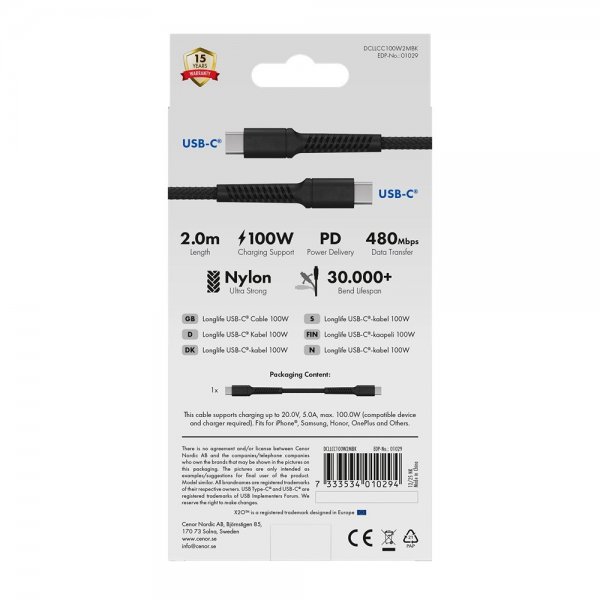 X2O USB-C till USB-C Kabel Longlife 100W 2m Svart