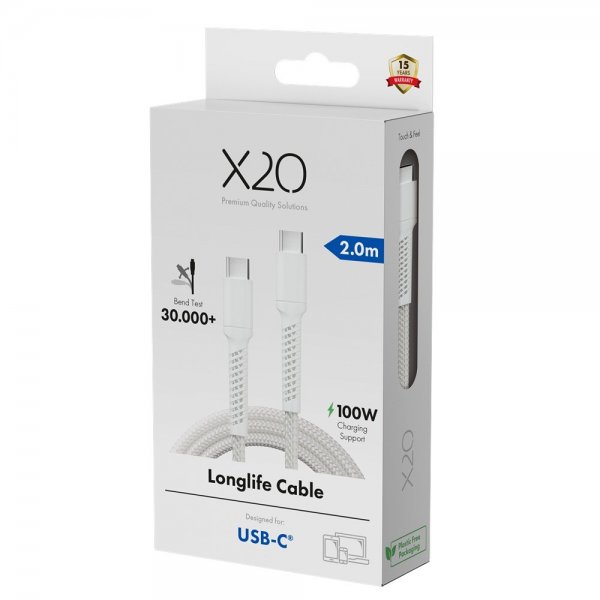 X2O USB-C till USB-C Kabel Longlife 100W 2m Vit
