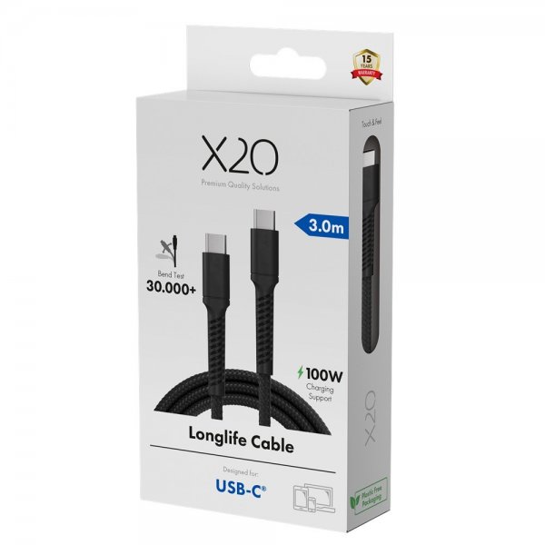 X2O USB-C till USB-C Kabel Longlife 100W 3m Svart