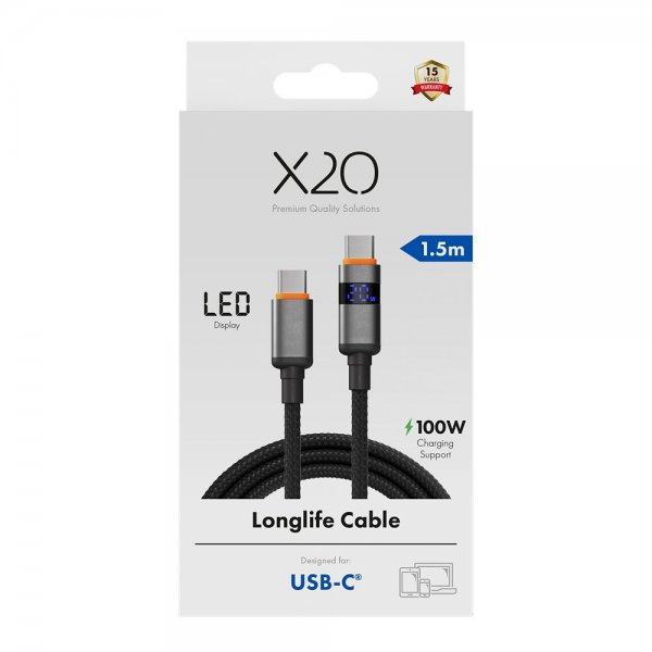 X2O USB-C till USB-C Kabel Longlife LED-display 100W 1.5m Svart