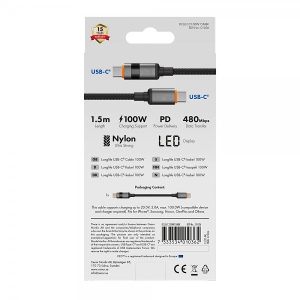 X2O USB-C till USB-C Kabel Longlife LED-display 100W 1.5m Svart
