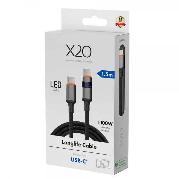 X2O USB-C till USB-C Kabel Longlife LED-display 100W 1.5m Svart