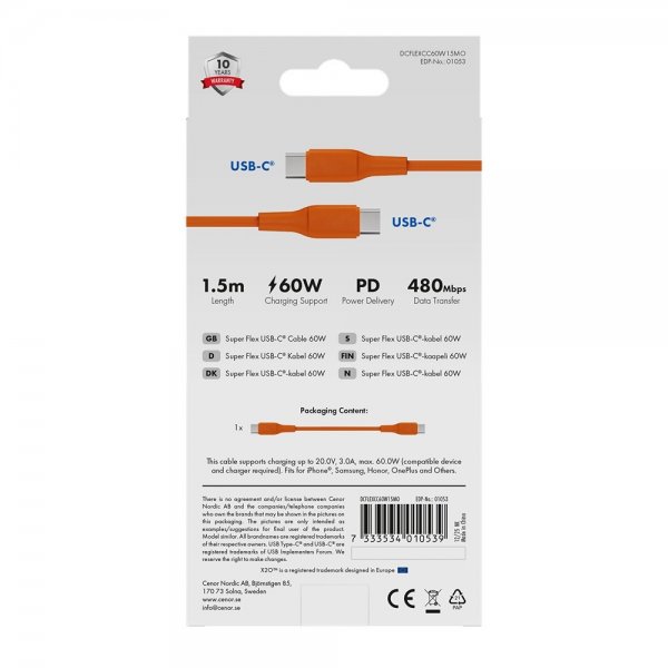 X2O USB-C till USB-C Kabel Superflex 60W 1.5m Orange