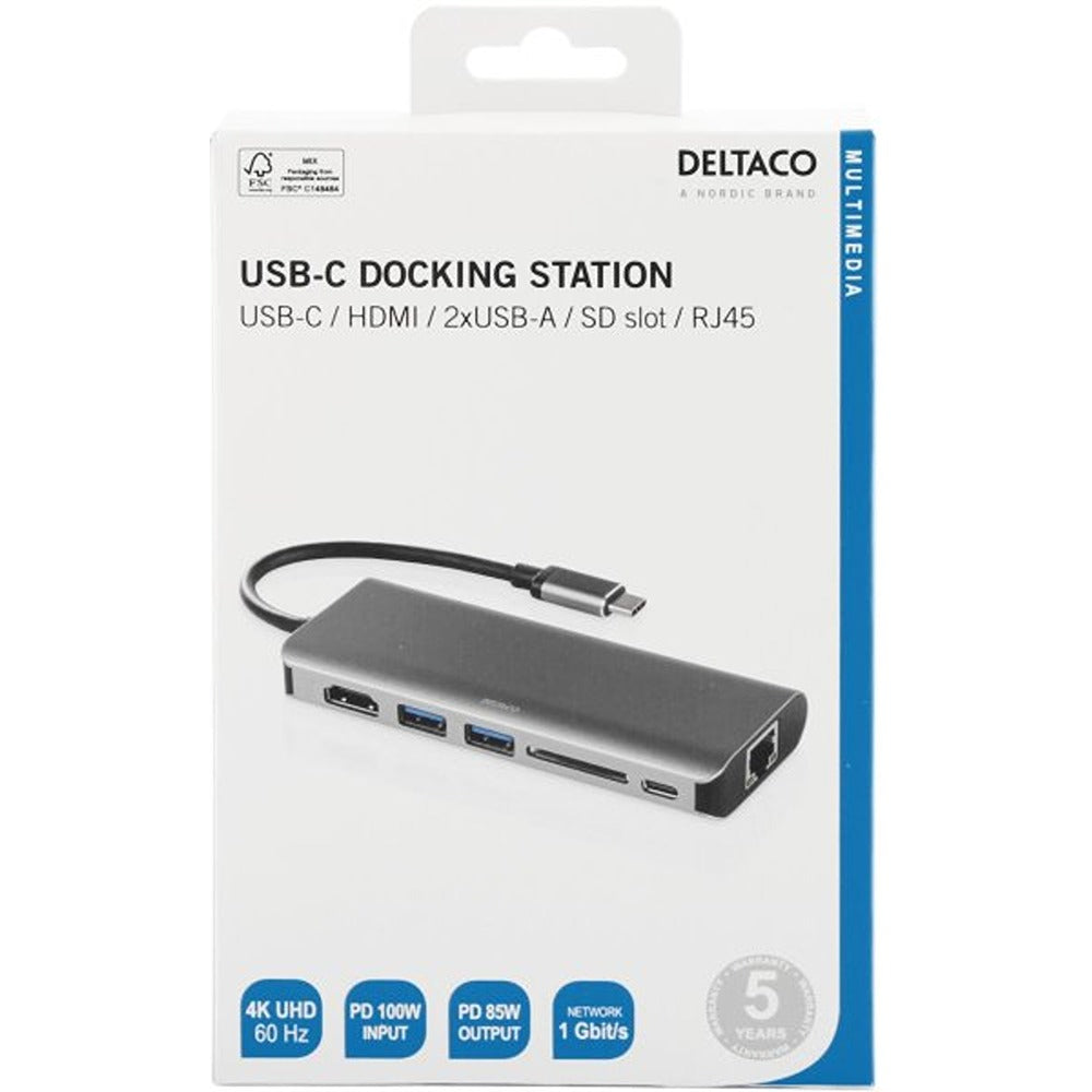 Deltaco Dockningsstation USB-C med HDMI/RJ45/USB-A Rymdgrå