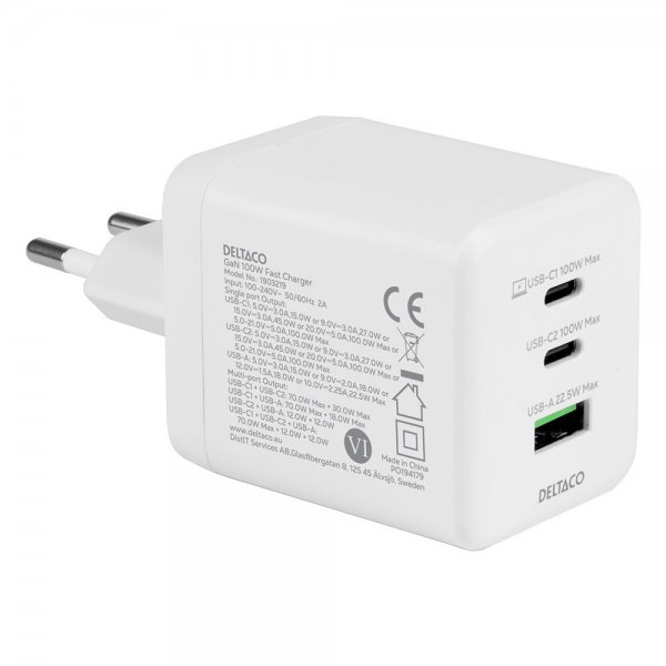 Deltaco Väggladdare GaN 1x USB-A 2x USB-C PPS 100W