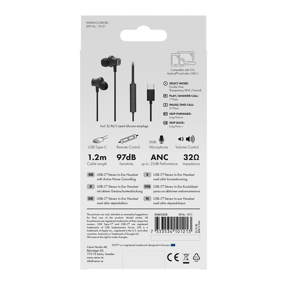 X2O Trådade Hörlurar USB-C Silicone In-Ear ANC 1.2m Svart