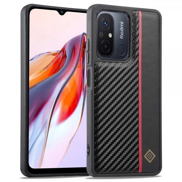 Lc.Imeeke Xiaomi Redmi 12C Skal Kolfibertextur Röd Stripe Svart