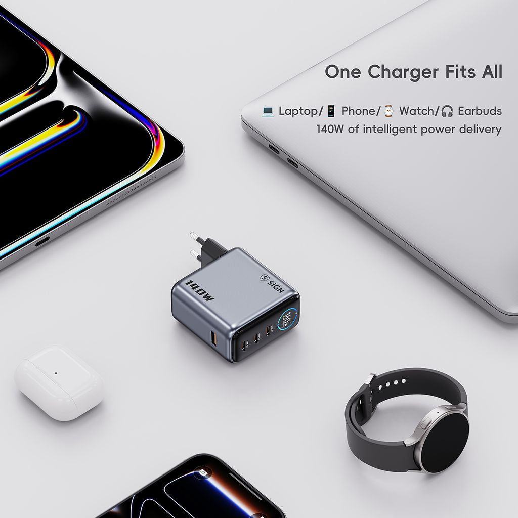 SiGN 140W Snabbladdare med Display 3xUSB-C/1xUSB-A Grå
