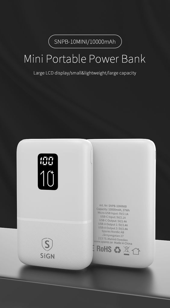 SiGN Mini Powerbank med Display 10 000mAh Vit