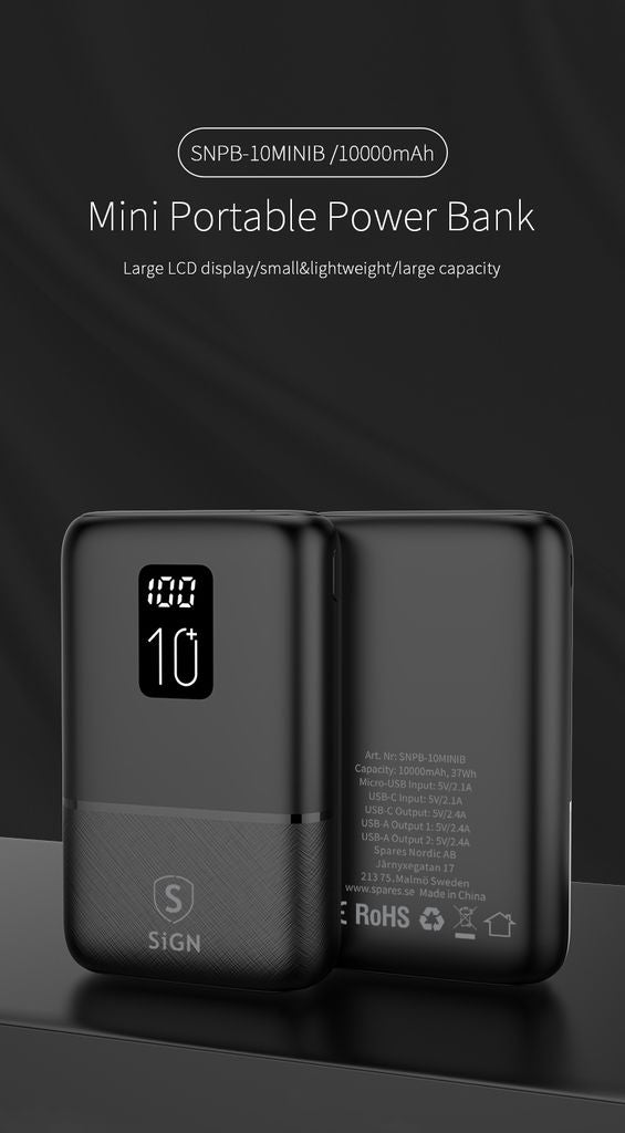 SiGN Mini Powerbank med Display 10 000mAh Svart