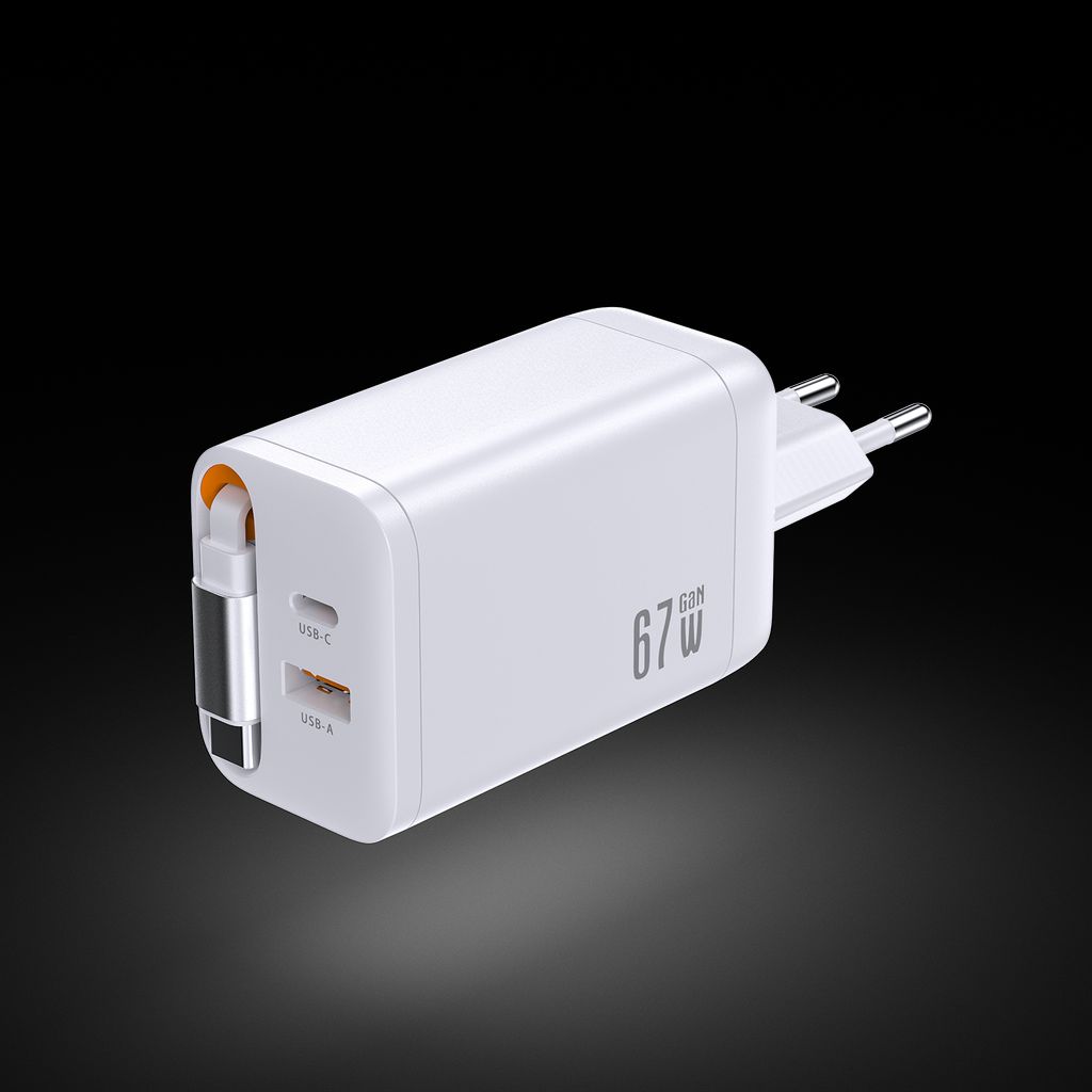 SiGN 65W Snabbladdare GaN med utdragbar USB-C kabel Vit