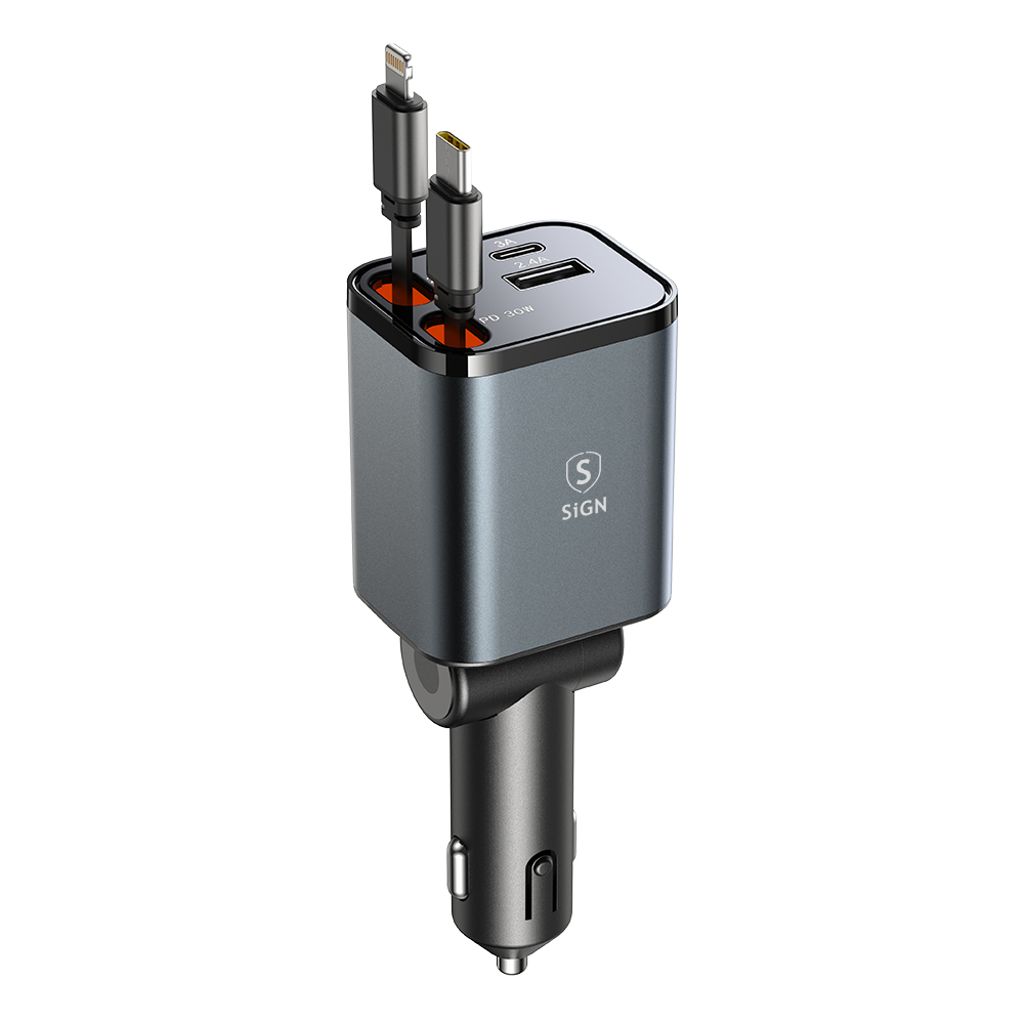 SiGN 4-i-1 Billaddare med utdragbara USB-C/Lightning-kablar 45W