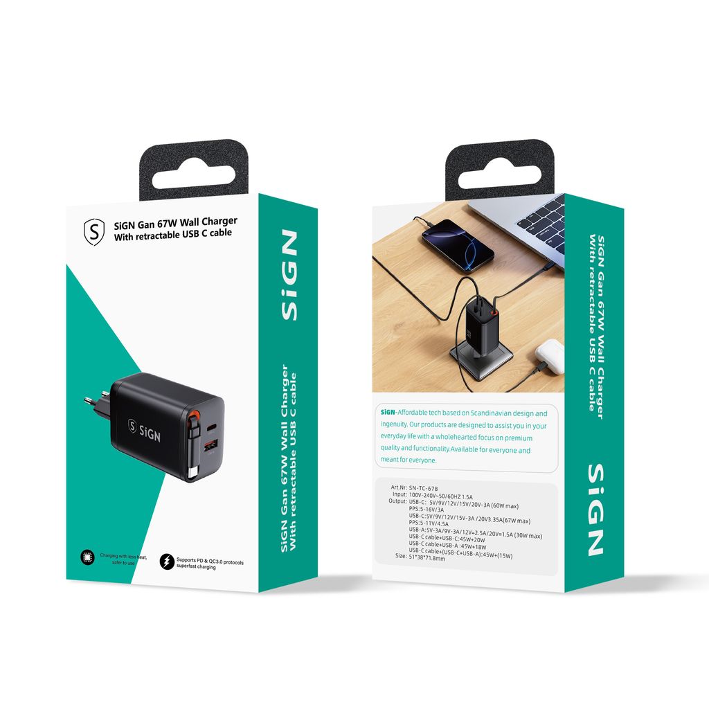 SiGN 65W Snabbladdare GaN med utdragbar USB-C kabel Svart