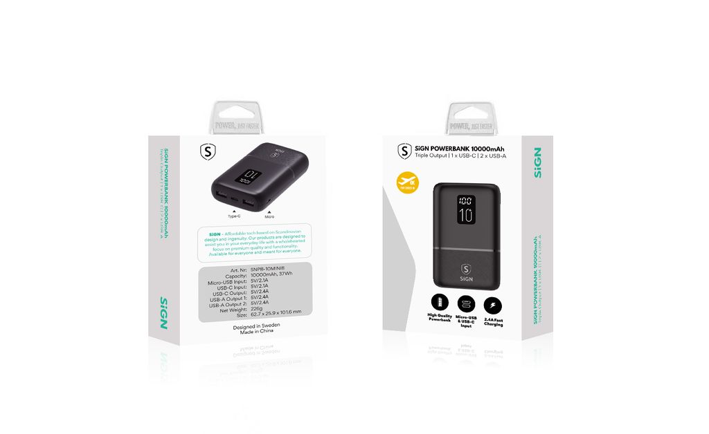 SiGN Mini Powerbank med Display 10 000mAh Svart