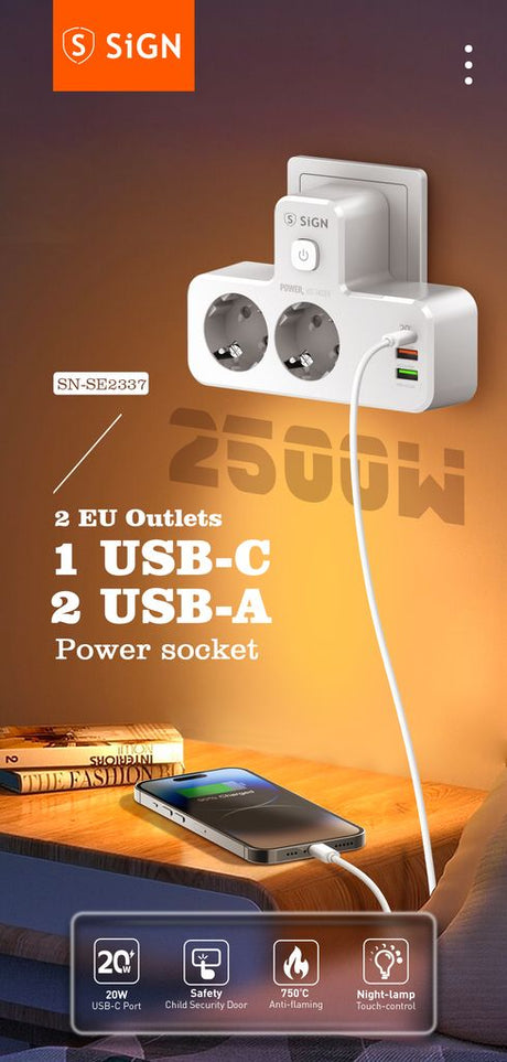 SiGN 2-vägs Grenuttag med LED-nattlampa 20W USB-A/USB-C