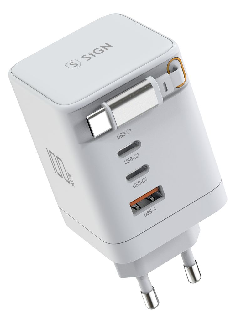 SiGN 100W GaN Snabbladdare med utdragbar USB-C-kabel Vit