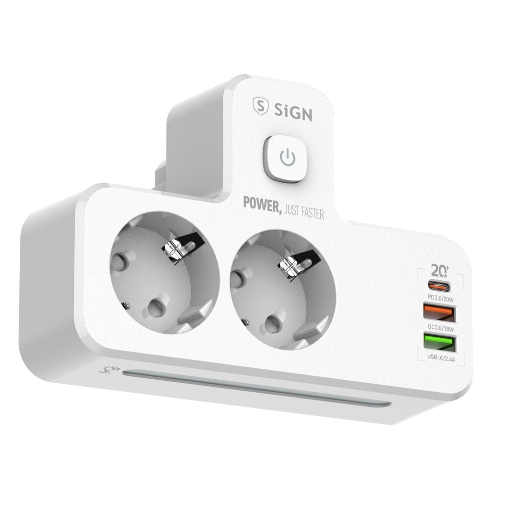 SiGN 2-vägs Grenuttag med LED-nattlampa 20W USB-A/USB-C