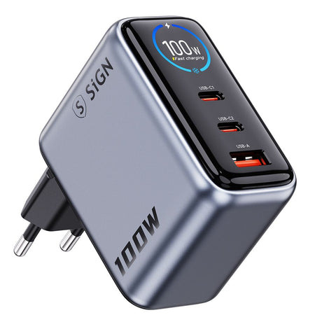 SiGN 100W Snabbladdare med Display 2xUSB-C/1xUSB-A Grå