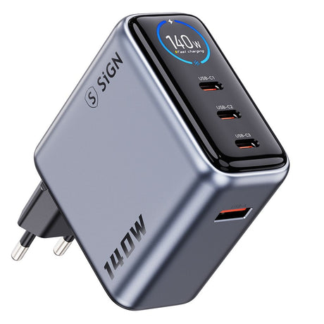 SiGN 140W Snabbladdare med Display 3xUSB-C/1xUSB-A Grå