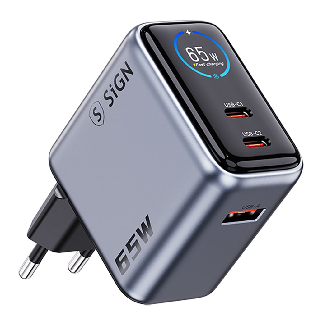 SiGN 65W Väggladdare med Display 2xUSB-C/1x USB-A Grå