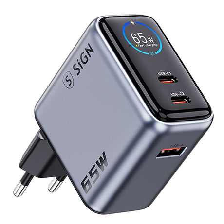 SiGN 65W Väggladdare med Display 2xUSB-C/1x USB-A Grå