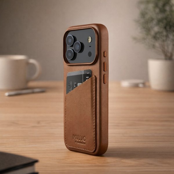 Mujjo iPhone 17 Pro Skal Full Leather Wallet Case MagSafe Tan