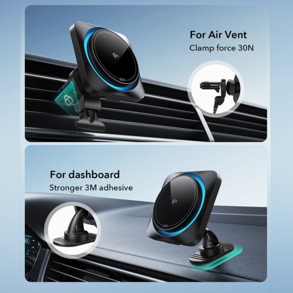 ESR Bilhållare Qi2 Air Vent/Dashboard Wireless Car Charger CryBoost HaloLock Svart