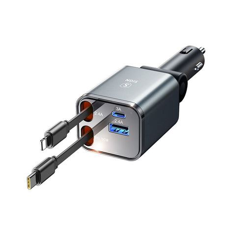 SiGN 4-i-1 Billaddare med utdragbara USB-C/Lightning-kablar 45W