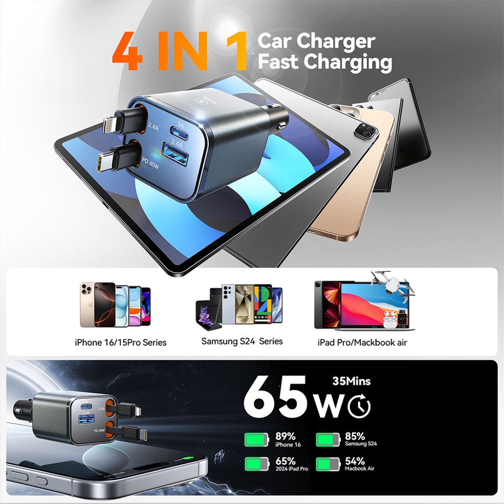 SiGN 4-i-1 Billaddare med utdragbara USB-C/Lightning-kablar 45W