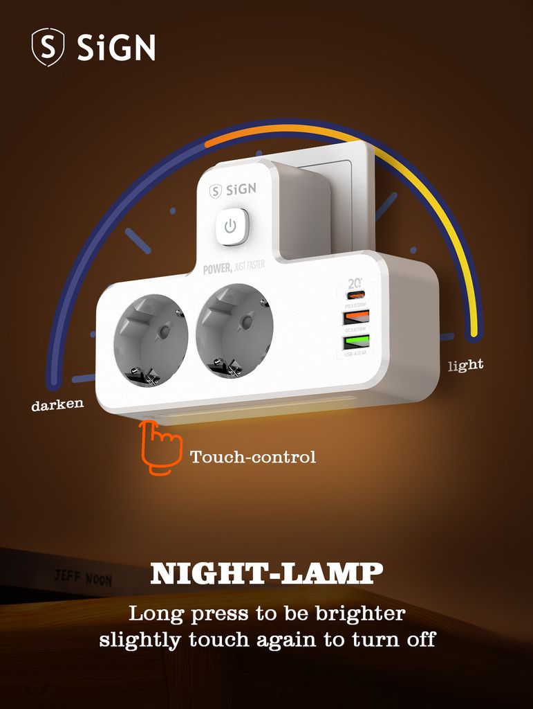SiGN 2-vägs Grenuttag med LED-nattlampa 20W USB-A/USB-C