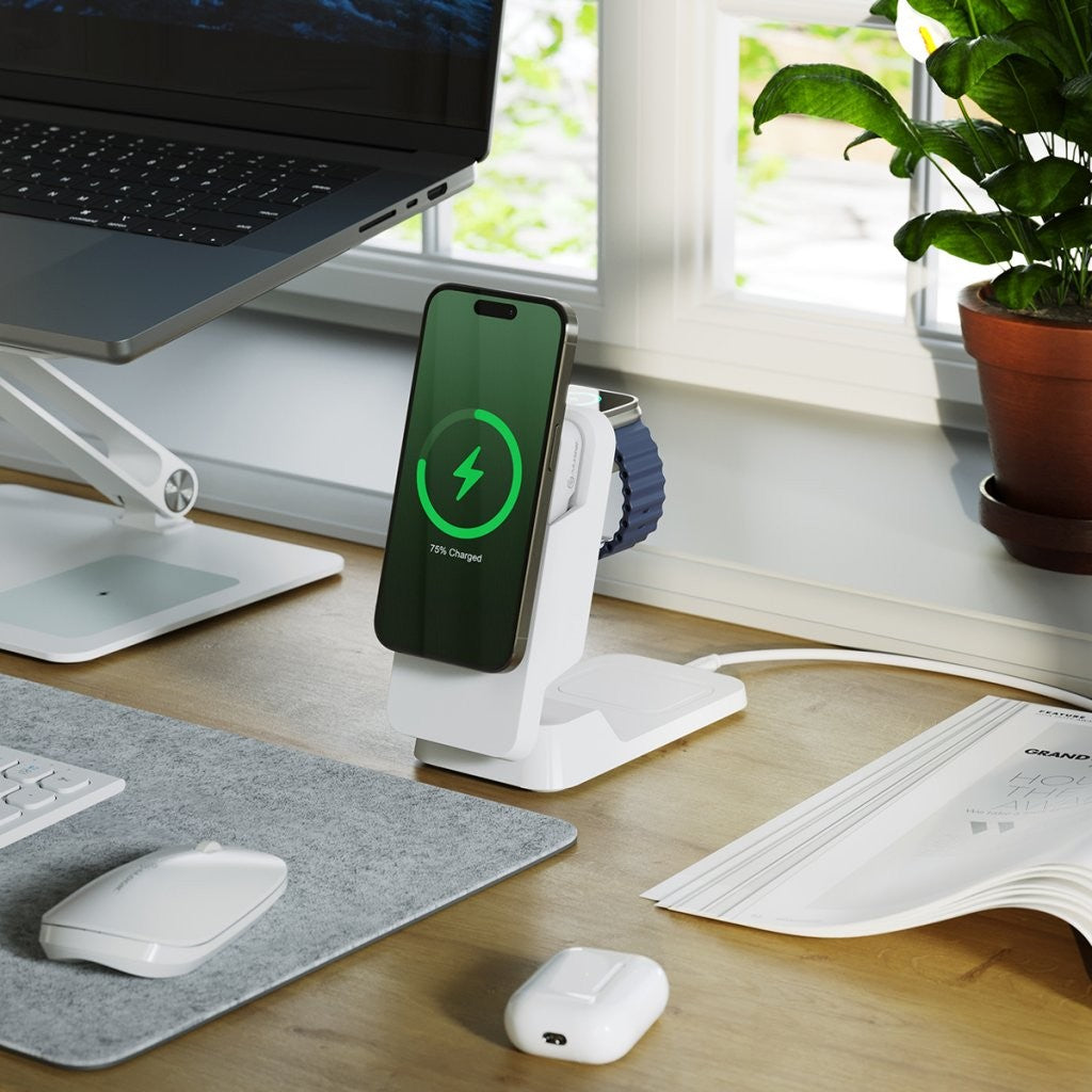 Alogic Matrix Ultimate 3-in-1 Trådlös Laddare med Powerbank MagSafe Vit