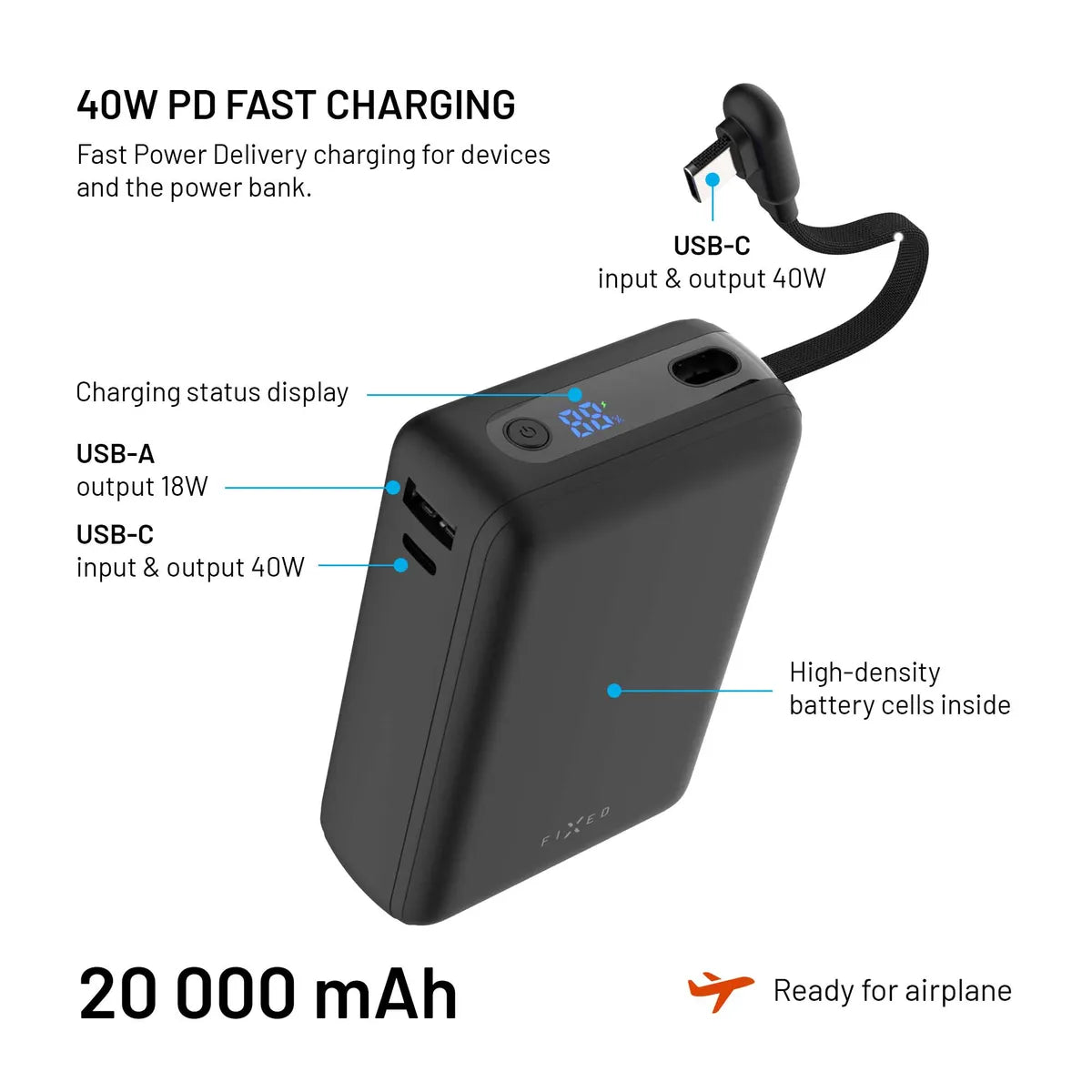 Fixed Zen 20 Loop Powerbank med inbyggd USB-C kabel 40W