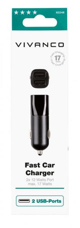 Vivanco Billaddare Fast Car Charger 2xUSB-A 17W Svart